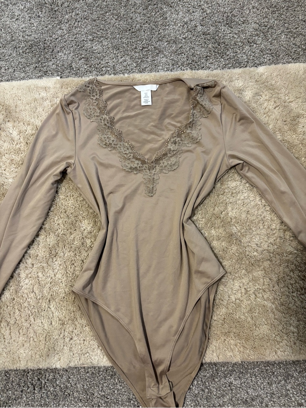 H&M Taupe Lace-Trim Long Sleeve Bodysuit